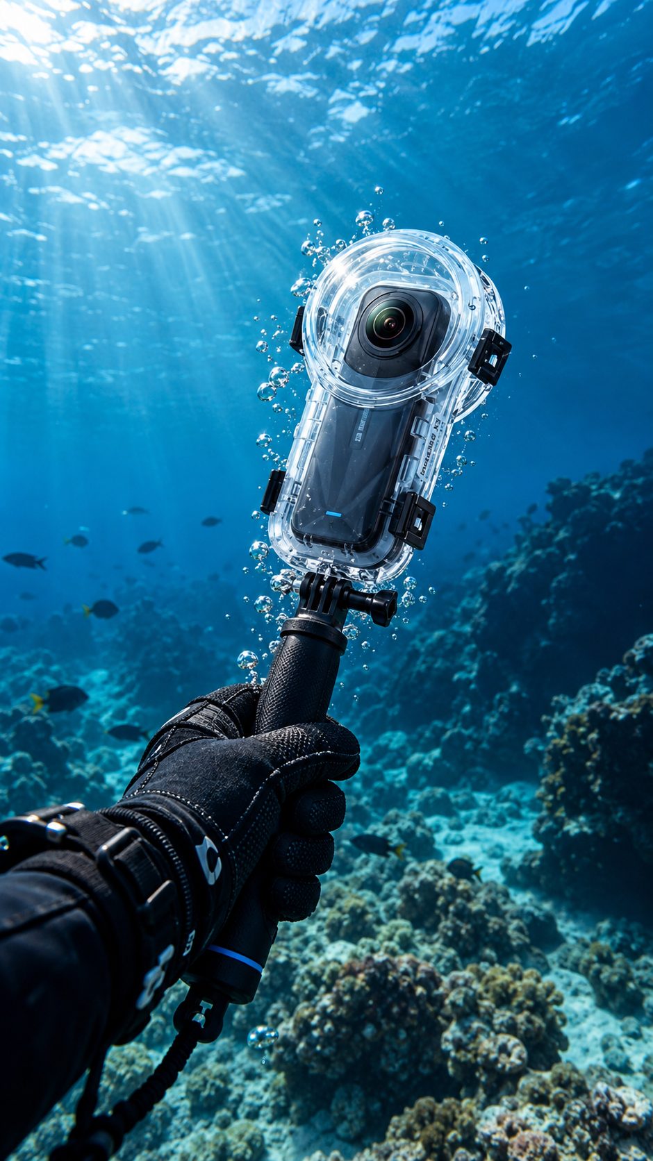 Insta360 com dive case na mão de mergulhador subaquático